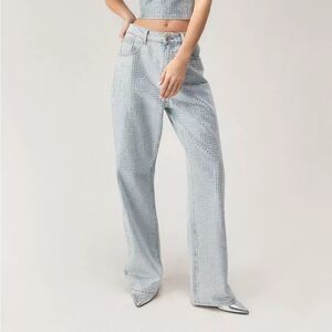 Nasty Gal Diamante Denim Wide Leg Jeans